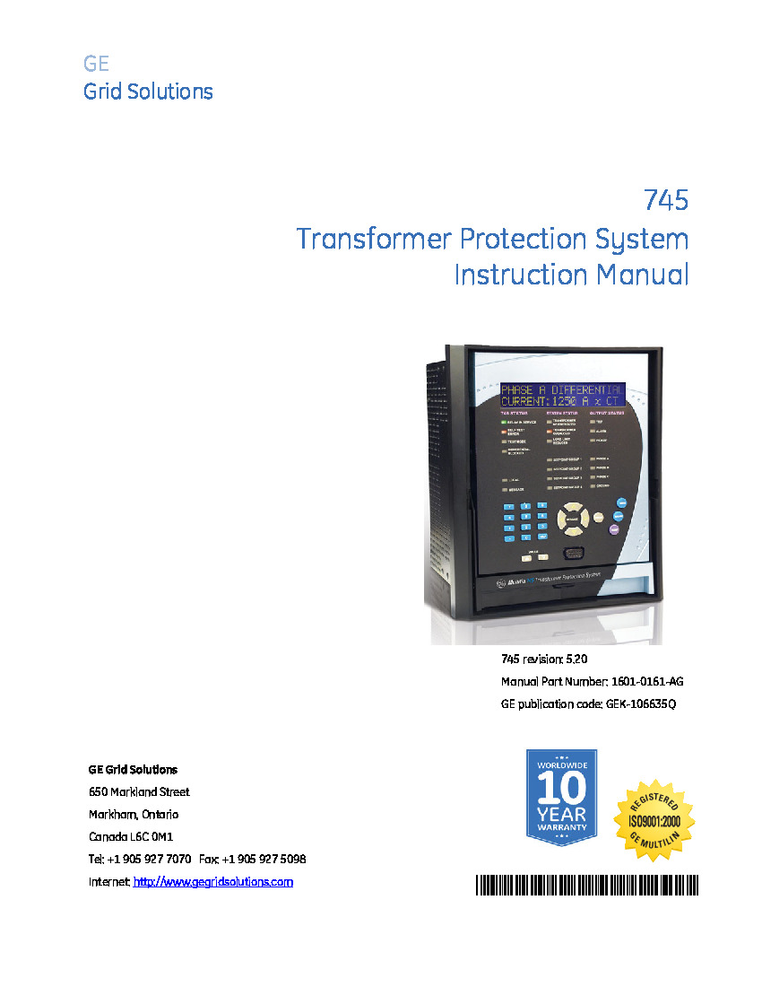 First Page Image of 745-W2-P15-G1-LO-A-R GE Multilin 745 Manual1601-0161-AG.pdf